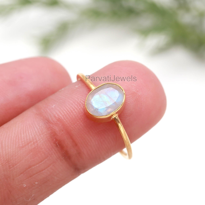 Natural Rainbow Moonstone Gold Ring, 18k Solid Ring, Gift For Her, Handmade Gold Ring, Dainty Gold Ring, Minimalist Gold Ring
