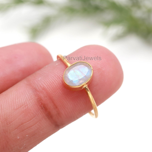 Natural Rainbow Moonstone Gold Ring, 18k Solid Ring, Gift For Her, Handmade Gold Ring, Dainty Gold Ring, Minimalist Gold Ring
