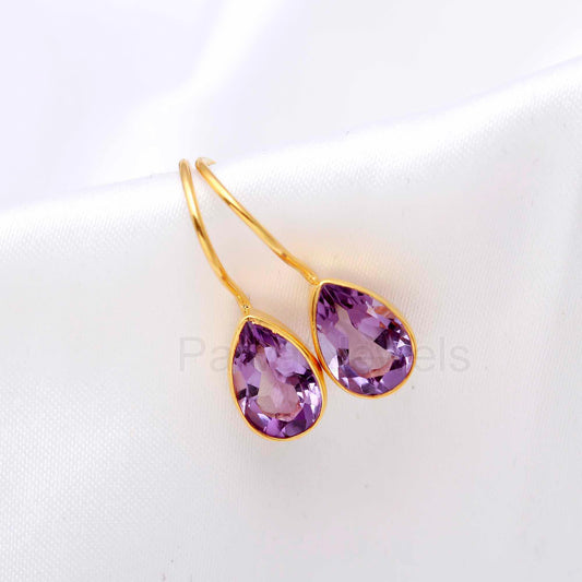 Natural Amethyst Gemstone Solid 14k Gold Earrings, Gold Earrings, Amethyst Dangle Drop Earrings, Handmade Earrings, Partywear Gold Earrings