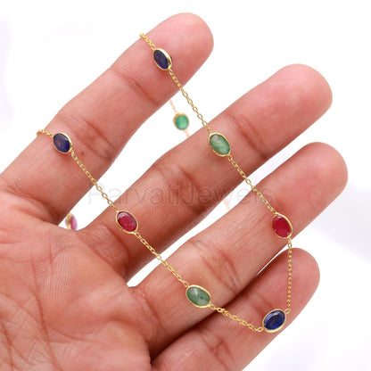 Natural Ruby Emerald Sapphire Necklace, 14k Solid Gold Necklace, Natural Multi Gemstone Necklace, Gold Necklace, Birthstone Gold Necklace