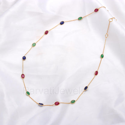 Natural Ruby Emerald Sapphire Necklace, 14k Solid Gold Necklace, Natural Multi Gemstone Necklace, Gold Necklace, Birthstone Gold Necklace