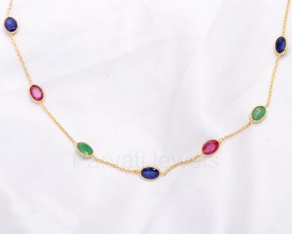 Natural Ruby Emerald Sapphire Necklace, 14k Solid Gold Necklace, Natural Multi Gemstone Necklace, Gold Necklace, Birthstone Gold Necklace