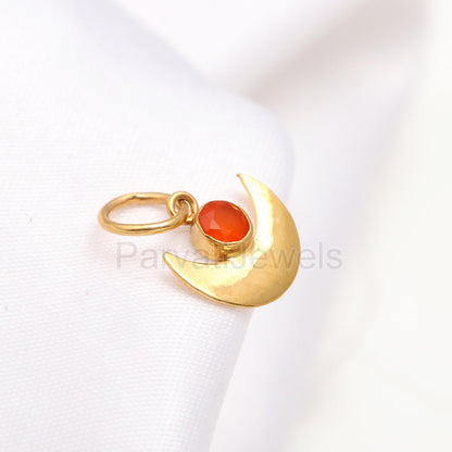 Natural Carnelian Charm, 18k Solid Gold Charm, Carnelian Charm, Gold Charm, Moon Charm Pendant, Gold Charm Necklace, Handmade Gold Charm,