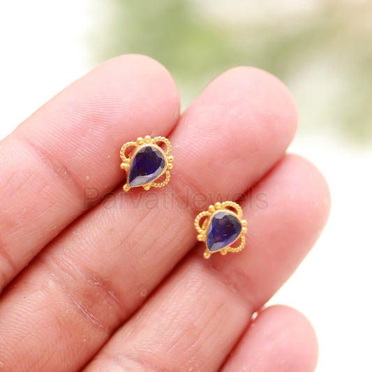 Natural Blue Sapphire Gemstone Solid Gold Stud Earrings, Gold Earrings, Pear Blue Sapphire Stud Earrings, September Birthstone, Gift for her
