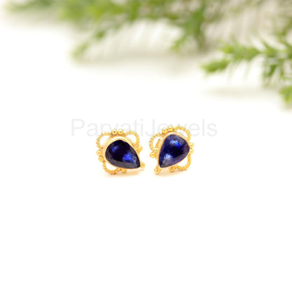 Natural Blue Sapphire Gemstone Solid Gold Stud Earrings, Gold Earrings, Pear Blue Sapphire Stud Earrings, September Birthstone, Gift for her
