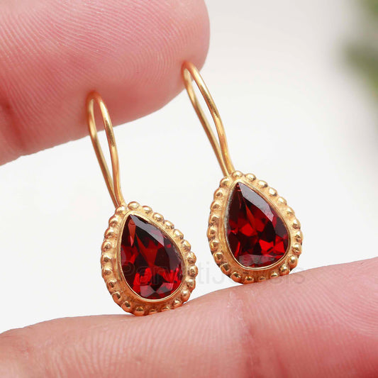 Natural Garnet Gemstone Solid 14k Gold Earrings, Garnet Dangle Drop Earrings, Gold Earrings, Natural Garnet Cut Earrings, Handmade Earrings