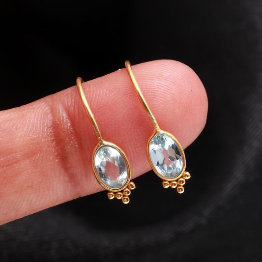 AA Natural Blue Topaz Hoop Earring, Solid 18k Gold Earrings, Blue Topaz Earring, Birthstone Earring, Partywear Hoop Earring, Gold Earrings