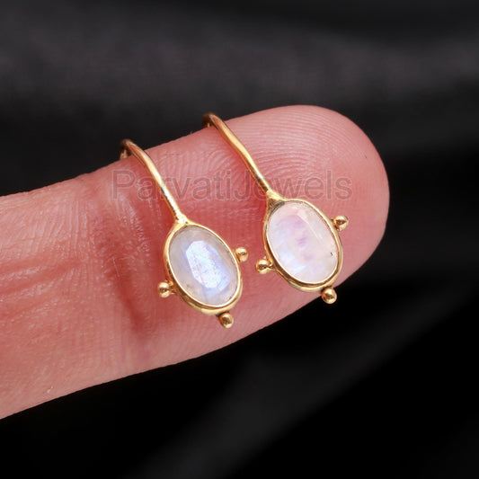 AA Natural Rainbow Moonstone Hoop Earring, Solid 18k Gold Earrings, Blue Moonstone Hoop Earring, Birthstone Earring, Gold Hoop Earrings,
