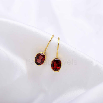 Natural Red Garnet Gemstone Solid 14k Gold Earrings, Gold Earrings, Garnet Dangle Earrings, Natural Garnet Oval Earrings, Handmade Earrings