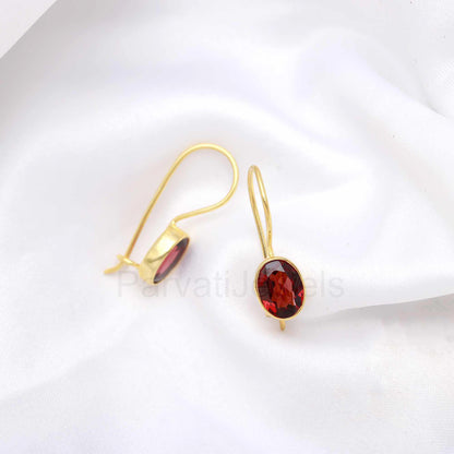 Natural Red Garnet Gemstone Solid 14k Gold Earrings, Gold Earrings, Garnet Dangle Earrings, Natural Garnet Oval Earrings, Handmade Earrings