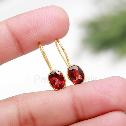 Natural Red Garnet Gemstone Solid 14k Gold Earrings, Gold Earrings, Garnet Dangle Earrings, Natural Garnet Oval Earrings, Handmade Earrings