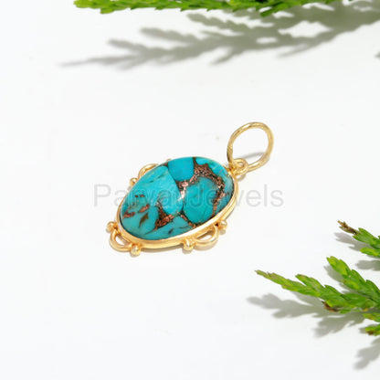 Natural Blue Copper Turquoise Charm, Solid 18K Gold Charm Pendant, Handmade Gold Charm, Blue Turquoise Charm, Minimalist Gold Charm Pendant