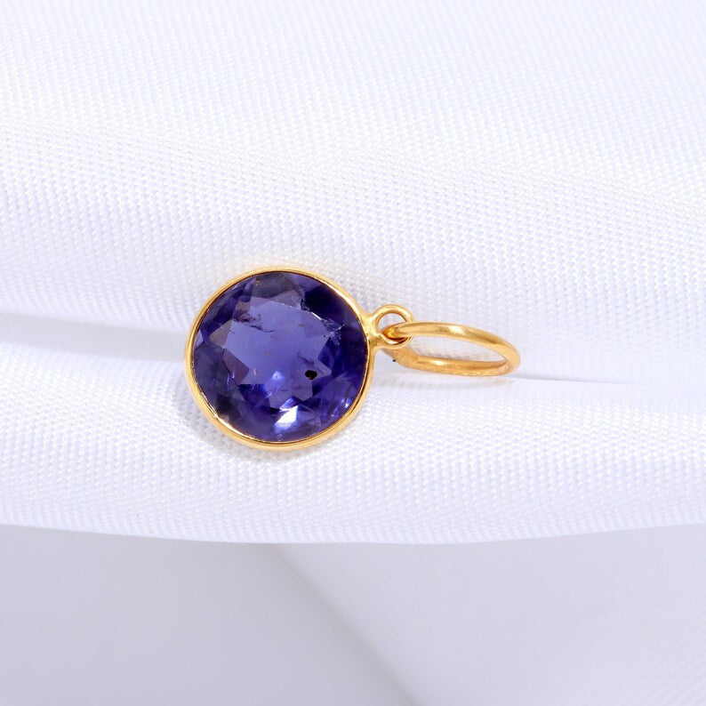 Natural Blue lolite Charm, Solid 18k Gold Charm, Handmade Gold Charm, September Birthstone Charm, lolite Cut Charm, Minimalist Charm Pendant