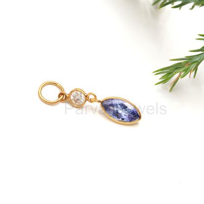 AA Natural Tanzanite With Moissanite Charm, Solid 18k Gold Charm, Handmade Charm, December Birthstone Charm, Tanzanite Charm, Gold Pendant