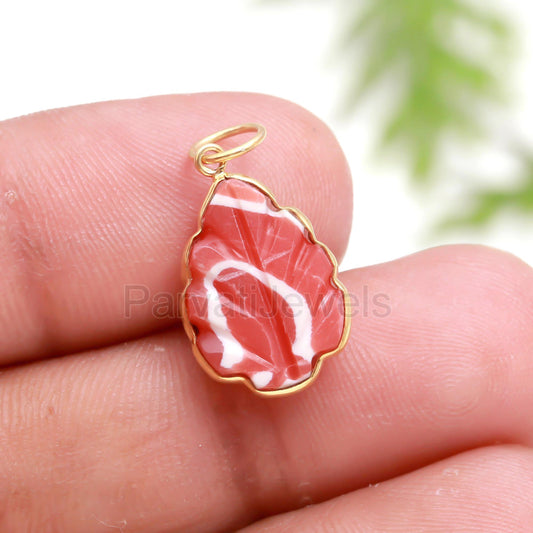 AA Rhodochrosite Carving Gold Charm, 18k Solid Gold Charm, Charm Pendant, Handmade Gold Charm, Lab Rhodochrosite Charm, Gold Charm Pendant