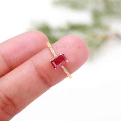 Natural Ruby With Diamond Gold Ring, 14K Solid Gold Ring, July Birthstone, Ruby Gold Ring, Ruby Handmade Ring, Ruby Dainty Gold Ring