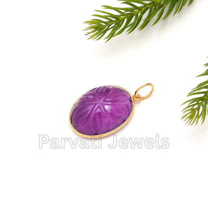 AA Natural Amethyst Charm, 18k Solid Gold Charm, Amethyst Carving Charm, Gold Pendant, Gold Charm Necklace, Handmade Charm, Gift for her,18K