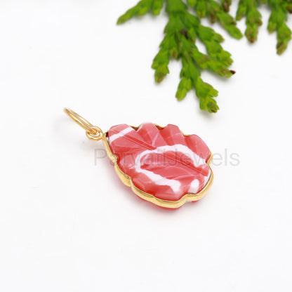 AA Rhodochrosite Carving Gold Charm, 18k Solid Gold Charm, Charm Pendant, Handmade Gold Charm, Lab Rhodochrosite Charm, Gold Charm Pendant
