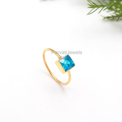 Unique Lab Created Blue Topaz Gold Ring, Handcrafted Ring, 18K Solid Gold Ring, Dainty Gold Ring, Topaz Gold Jewelry, Topaz Checker Cut Ring