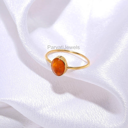 Natural Amber Oval Ring, 18K Solid Gold Ring, Yellow Amber Gold Ring, November Birthstone, Handmade Ring, Minimalist Gold Ring, Dainty Ring