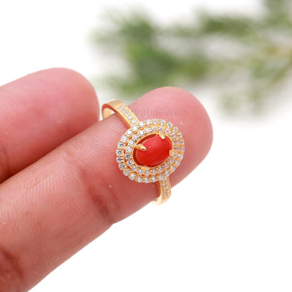 Natural Italian Coral With Diamond Gold Ring, 14K Solid Gold Ring, July Birthstone, Coral Gold Ring, Handcrafted Ring, Dainty Gold Ring,