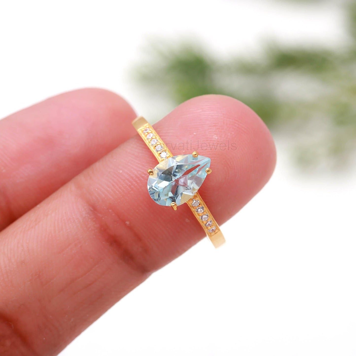 AA Natural Blue Topaz With Diamond Gold Ring, 14K Solid Gold Ring, Handcrafted Ring, Dainty Blue Topaz Gold Ring, December Birthstone