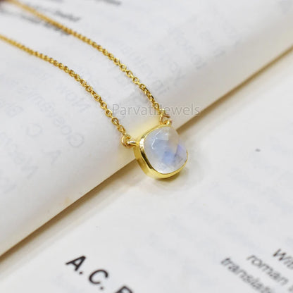 18" Inch Rainbow Moonstone With 18k Solid Gold Pendant Necklace, Natural Moonstone Gold Necklace, Gold Charm Necklace, Moonstone Gold Necklace, Handmade Gold Charm