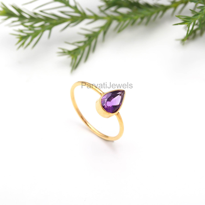 Natural Amethyst Pear Shaped Gold Ring, Handmade Gold Ring, 18k Solid Gold Ring, Gift For Her, Dainty Gold Ring, Minimalist Gold Ring