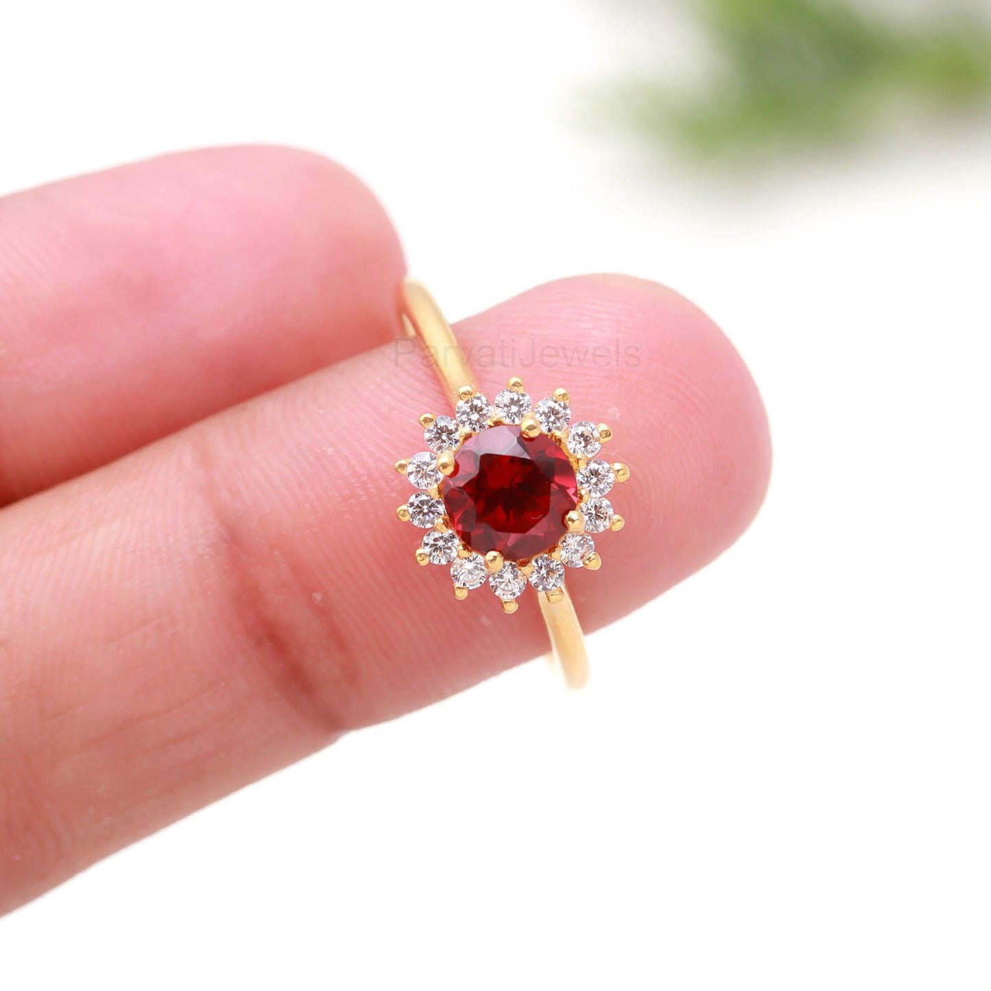 AA Natural Garnet With Diamond Gold Ring,14K Solid Gold Ring, Handmade Diamond Ring, Dainty Gold Ring, January Birthstone Ring, Gift for her