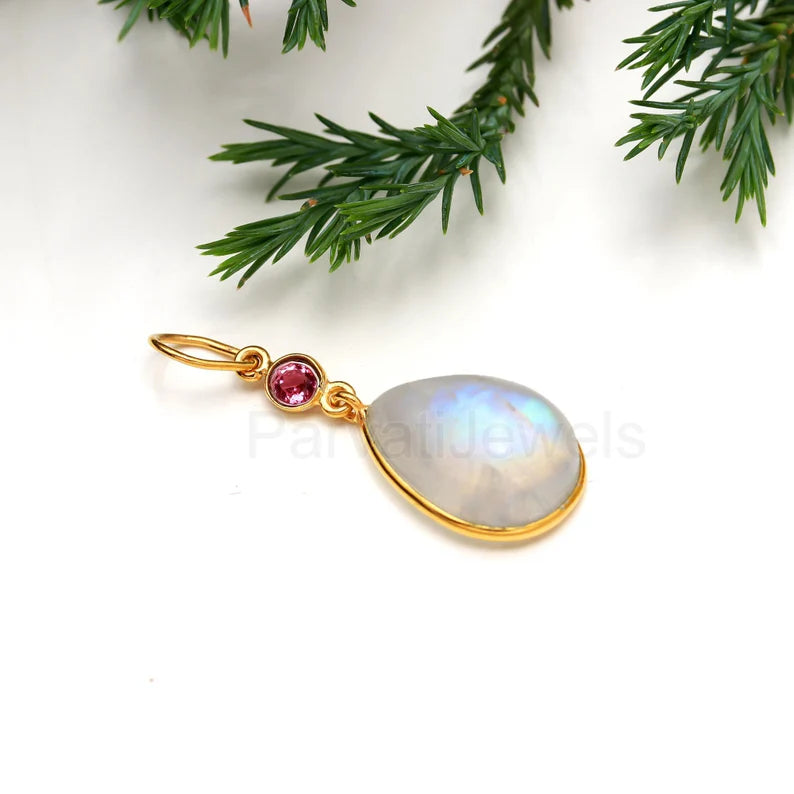Natural Rainbow Moonstone With Tourmaline Charm, 18k Solid Gold Charm, Moonstone Charm, Gold Charm, Charm Pendant, Handmade Charm Necklace