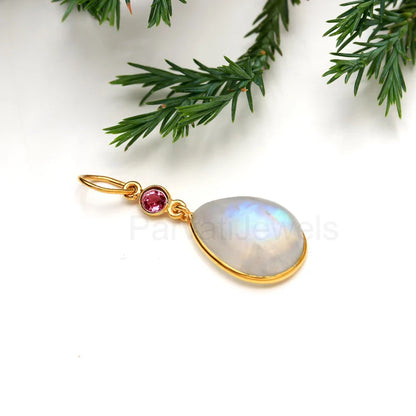 Natural Rainbow Moonstone With Tourmaline Charm, 18k Solid Gold Charm, Moonstone Charm, Gold Charm, Charm Pendant, Handmade Charm Necklace