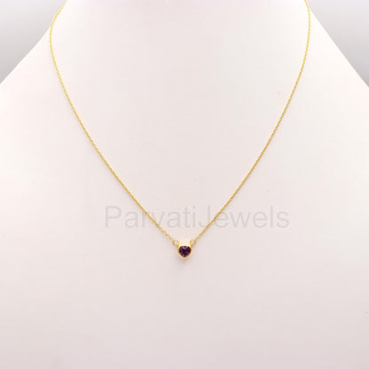 Natural Amethyst Necklace, 18k Solid Gold Necklace, Amethyst Heart Necklace, Handmade Necklace, February Birthstone Necklace, Gold Necklace