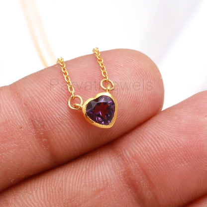 Natural Amethyst Necklace, 18k Solid Gold Necklace, Amethyst Heart Necklace, Handmade Necklace, February Birthstone Necklace, Gold Necklace