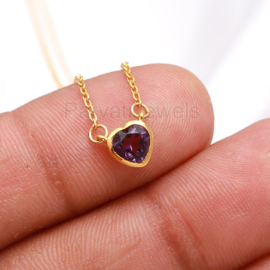 Natural Amethyst Necklace, 18k Solid Gold Necklace, Amethyst Heart Necklace, Handmade Necklace, February Birthstone Necklace, Gold Necklace