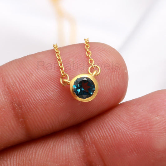Natural London Blue Topaz 18k Solid Gold Charm, Topaz Pendant Necklace, Handmade Gold Necklace, December Birthstone Necklace, Gold Necklace
