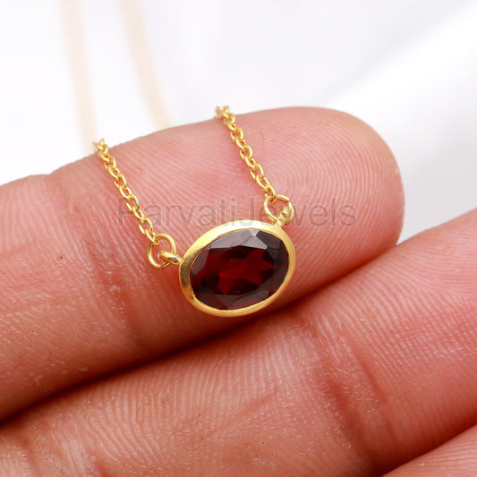 Natural Garnet Oval Necklace, 18k Solid Gold Necklace, Garnet Necklace, Handmade Gold Necklace, January Birthstone Necklace, Gold Necklace