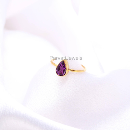 Natural Amethyst Pear Shaped Gold Ring, Handmade Gold Ring, 18k Solid Gold Ring, Gift For Her, Dainty Gold Ring, Minimalist Gold Ring