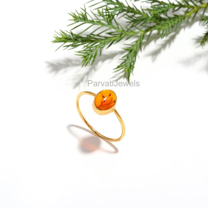 Natural Amber Oval Ring, 18K Solid Gold Ring, Yellow Amber Gold Ring, November Birthstone, Handmade Ring, Minimalist Gold Ring, Dainty Ring