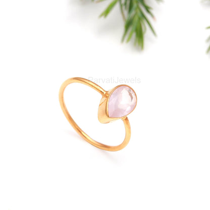 Genuine Rose Quartz Gold Ring, Handmade Gold Ring, Gift for her, January Birthstone, 18K Solid Gold Ring, Dainty Gold Ring