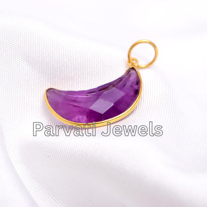 Natural Amethyst Crescent Moon Charm, 18k Solid Gold Charm, AA Amethyst Moon Charm, Charm Pendant, Handmade Gold Charm, Dainty Gold Charm