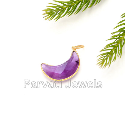 Natural Amethyst Crescent Moon Charm, 18k Solid Gold Charm, AA Amethyst Moon Charm, Charm Pendant, Handmade Gold Charm, Dainty Gold Charm
