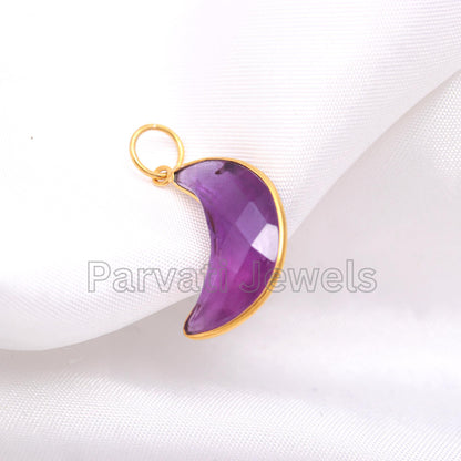 Natural Amethyst Crescent Moon Charm, 18k Solid Gold Charm, AA Amethyst Moon Charm, Charm Pendant, Handmade Gold Charm, Dainty Gold Charm