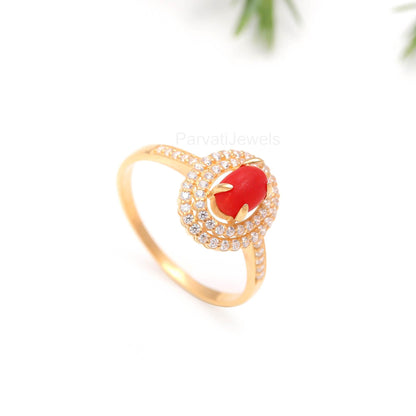Natural Italian Coral With Diamond Gold Ring, 14K Solid Gold Ring, July Birthstone, Coral Gold Ring, Handcrafted Ring, Dainty Gold Ring,