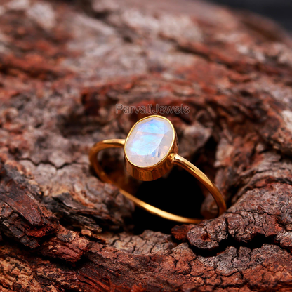 Natural Rainbow Moonstone Gold Ring, 18k Solid Ring, Gift For Her, Handmade Gold Ring, Dainty Gold Ring, Minimalist Gold Ring