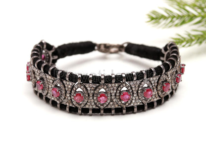 AA Natural Ruby Thread Bracelet, Pave Diamond Bracelet, July Birthstone Bracelet, Pave Diamond 925 Silver Bracelet, Gift for her