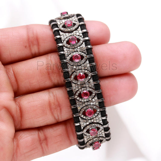 AA Natural Ruby Thread Bracelet, Pave Diamond Bracelet, July Birthstone Bracelet, Pave Diamond 925 Silver Bracelet, Gift for her