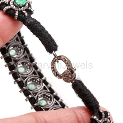 AA Natural Emerald Thread Bracelet, Pave Diamond Bracelet, May Birthstone Bracelet, Pave Diamond 925 Silver Bracelet, Gift for her