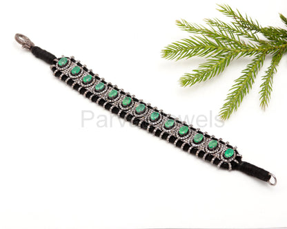AA Natural Emerald Thread Bracelet, Pave Diamond Bracelet, May Birthstone Bracelet, Pave Diamond 925 Silver Bracelet, Gift for her