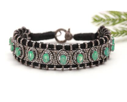 AA Natural Emerald Thread Bracelet, Pave Diamond Bracelet, May Birthstone Bracelet, Pave Diamond 925 Silver Bracelet, Gift for her