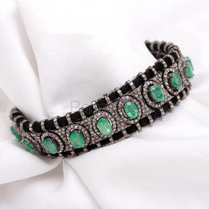 AA Natural Emerald Thread Bracelet, Pave Diamond Bracelet, May Birthstone Bracelet, Pave Diamond 925 Silver Bracelet, Gift for her